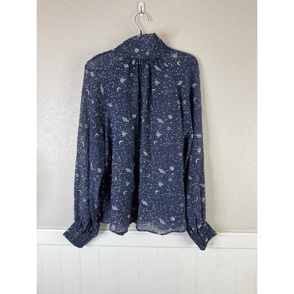 Anthropology Top Sz XL Blue Organza Tie Neck Space Blouse Sheer Astrology Career - Picture 6 of 10